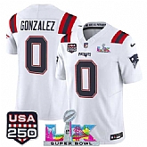 Men's New England Patriots #0 Christian Gonzalez White 2025 F.U.S.E. Super Bowl LX Patch And USA 250' Patch Vapor Limited Stitched Jersey,baseball caps,new era cap wholesale,wholesale hats