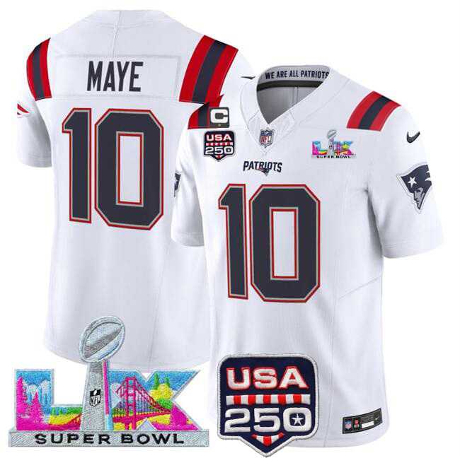 Men's New England Patriots #10 Drake Maye White 2025 F.U.S.E. Super Bowl LX Patch USA 250' Patch Vapor Limited Stitched Jersey,We sell and wholesale Men's New England Patriots #10 Drake Maye White 2025 F.U.S.E. Super Bowl LX Patch USA 250' Patch Vapor Limited Stitched Jersey on line form chian!