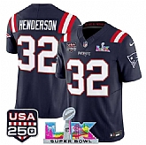 Men's New England Patriots #32 TreVeyon Henderson Navy 2025 F.U.S.E. Super Bowl LX Patch And USA 250' Patch Vapor Limited Stitched Jersey,baseball caps,new era cap wholesale,wholesale hats