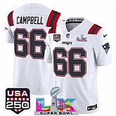 Men's New England Patriots #66 Will Campbell White 2025 F.U.S.E. Super Bowl LX Patch And USA 250' Patch Vapor Limited Stitched Jersey,baseball caps,new era cap wholesale,wholesale hats