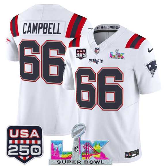 Men's New England Patriots #66 Will Campbell White 2025 F.U.S.E. Super Bowl LX Patch And USA 250' Patch Vapor Limited Stitched Jersey,We sell and wholesale Men's New England Patriots #66 Will Campbell White 2025 F.U.S.E. Super Bowl LX Patch And USA 250' Patch Vapor Limited Stitched Jersey on line form chian!