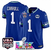 Men's Seattle Seahawks #1 Pete Carroll Royal 2025 F.U.S.E. Super Bowl LX Patch And 50th Season & USA 250' Patch Vapor Throwback Limited Stitched Jersey,baseball caps,new era cap wholesale,wholesale hats