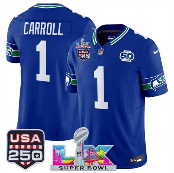 Men's Seattle Seahawks #1 Pete Carroll Royal 2025 F.U.S.E. Super Bowl LX Patch And 50th Season & USA 250' Patch Vapor Throwback Limited Stitched Jersey,We sell and wholesale Men's Seattle Seahawks #1 Pete Carroll Royal 2025 F.U.S.E. Super Bowl LX Patch And 50th Season & USA 250' Patch Vapor Throwback Limited Stitched Jersey on line form chian!