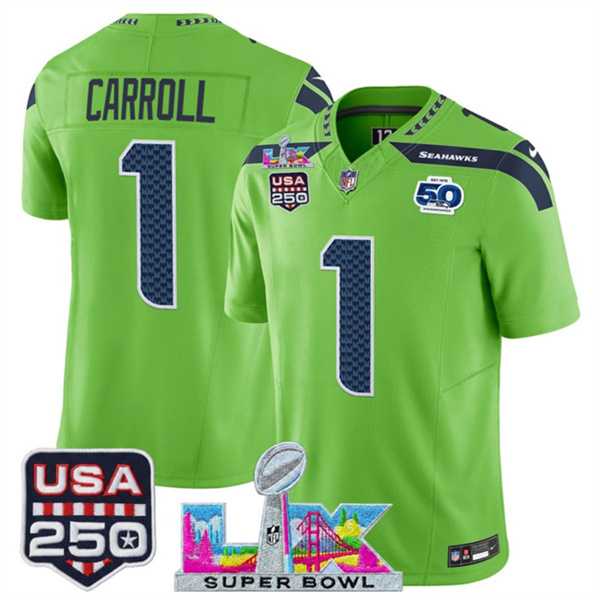 Men's Seattle Seahawks #1 Pete Carroll Green 2025 F.U.S.E. Super Bowl LX Patch And 50th Season & USA 250' Patch Vapor Limited Stitched Jersey,We sell and wholesale Men's Seattle Seahawks #1 Pete Carroll Green 2025 F.U.S.E. Super Bowl LX Patch And 50th Season & USA 250' Patch Vapor Limited Stitched Jersey on line form chian!