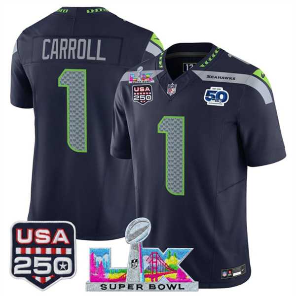 Men's Seattle Seahawks #1 Pete Carroll Navy 2025 F.U.S.E. Super Bowl LX Patch And 50th Season & USA 250' Patch Vapor Limited Stitched Jersey,We sell and wholesale Men's Seattle Seahawks #1 Pete Carroll Navy 2025 F.U.S.E. Super Bowl LX Patch And 50th Season & USA 250' Patch Vapor Limited Stitched Jersey on line form chian!