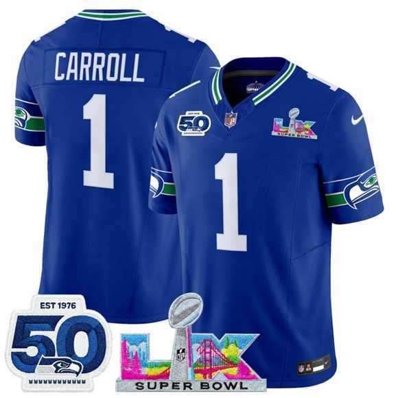 Men's Seattle Seahawks #1 Pete Carroll Royal 2025 F.U.S.E. Super Bowl LX Patch And 50th Season Patch Vapor Throwback Limited Stitched Jersey,We sell and wholesale Men's Seattle Seahawks #1 Pete Carroll Royal 2025 F.U.S.E. Super Bowl LX Patch And 50th Season Patch Vapor Throwback Limited Stitched Jersey on line form chian!