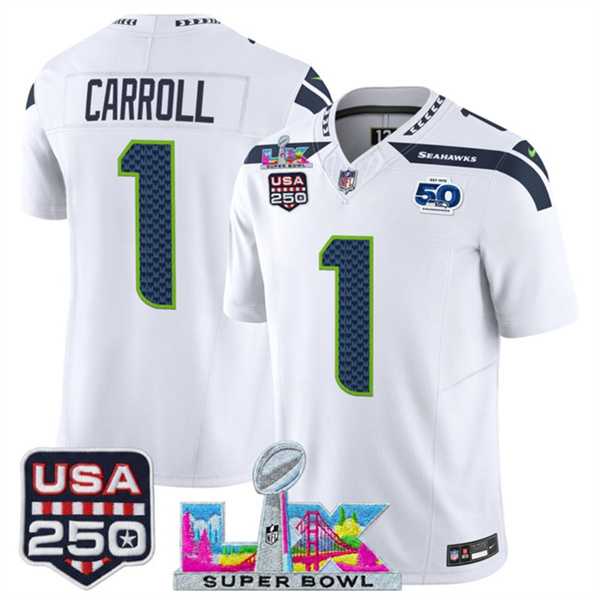 Men's Seattle Seahawks #1 Pete Carroll White 2025 F.U.S.E. Super Bowl LX Patch And 50th Season & USA 250' Patch Vapor Limited Stitched Jersey,We sell and wholesale Men's Seattle Seahawks #1 Pete Carroll White 2025 F.U.S.E. Super Bowl LX Patch And 50th Season & USA 250' Patch Vapor Limited Stitched Jersey on line form chian!