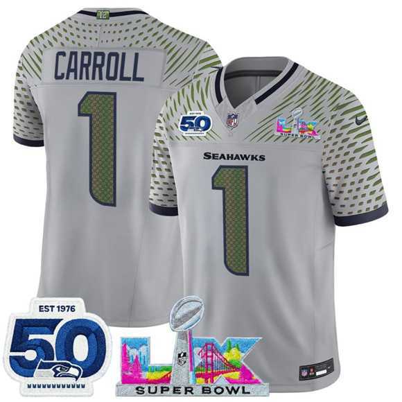 Men's Seattle Seahawks #1 Pete Carroll Gray 2025 F.U.S.E. Super Bowl LX Patch And 50th Season Patch 'Rivalries' Vapor Limited Stitched Jersey,We sell and wholesale Men's Seattle Seahawks #1 Pete Carroll Gray 2025 F.U.S.E. Super Bowl LX Patch And 50th Season Patch 'Rivalries' Vapor Limited Stitched Jersey on line form chian!