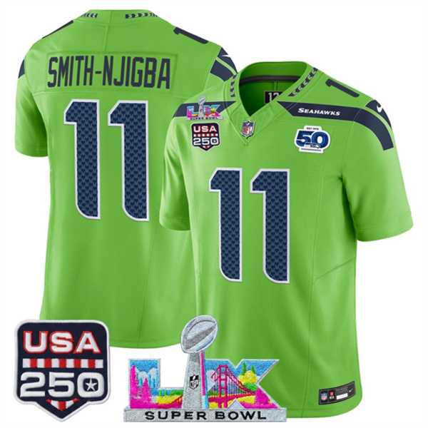Men's Seattle Seahawks #11 Jaxon Smith-Njigba Green 2025 F.U.S.E. Super Bowl LX Patch And 50th Season & USA 250' Patch Vapor Limited Stitched Jersey,We sell and wholesale Men's Seattle Seahawks #11 Jaxon Smith-Njigba Green 2025 F.U.S.E. Super Bowl LX Patch And 50th Season & USA 250' Patch Vapor Limited Stitched Jersey on line form chian!