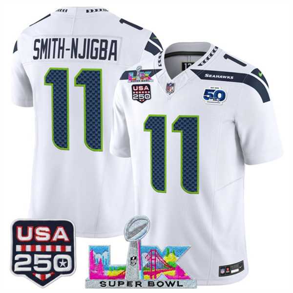 Men's Seattle Seahawks #11 Jaxon Smith-Njigba White 2025 F.U.S.E. Super Bowl LX Patch And 50th Season & USA 250' Patch Vapor Limited Stitched Jersey,We sell and wholesale Men's Seattle Seahawks #11 Jaxon Smith-Njigba White 2025 F.U.S.E. Super Bowl LX Patch And 50th Season & USA 250' Patch Vapor Limited Stitched Jersey on line form chian!