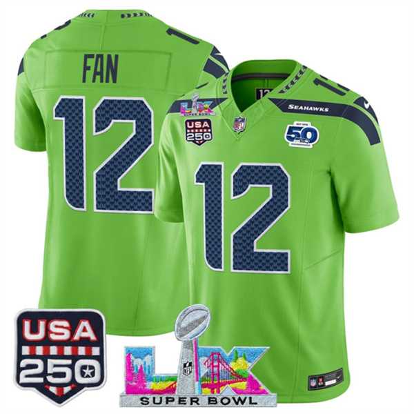 Men's Seattle Seahawks #12 Fan Green 2025 F.U.S.E. Super Bowl LX Patch And 50th Season & USA 250' Patch Vapor Limited Stitched Jersey,We sell and wholesale Men's Seattle Seahawks #12 Fan Green 2025 F.U.S.E. Super Bowl LX Patch And 50th Season & USA 250' Patch Vapor Limited Stitched Jersey on line form chian!