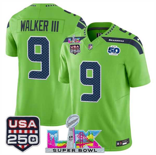 Men's Seattle Seahawks #9 Kenneth Walker III Green 2025 F.U.S.E. Super Bowl LX Patch And 50th Season & USA 250' Patch Vapor Limited Stitched Jersey,We sell and wholesale Men's Seattle Seahawks #9 Kenneth Walker III Green 2025 F.U.S.E. Super Bowl LX Patch And 50th Season & USA 250' Patch Vapor Limited Stitched Jersey on line form chian!
