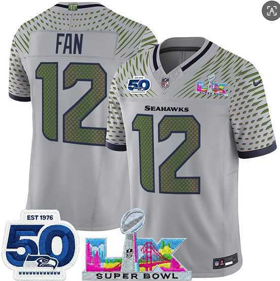 Men's Seattle Seahawks #12 Fan Gray 2025 F.U.S.E. Super Bowl LX Patch And 50th Season Patch 'Rivalries' Vapor Limited Stitched Jersey,We sell and wholesale Men's Seattle Seahawks #12 Fan Gray 2025 F.U.S.E. Super Bowl LX Patch And 50th Season Patch 'Rivalries' Vapor Limited Stitched Jersey on line form chian!