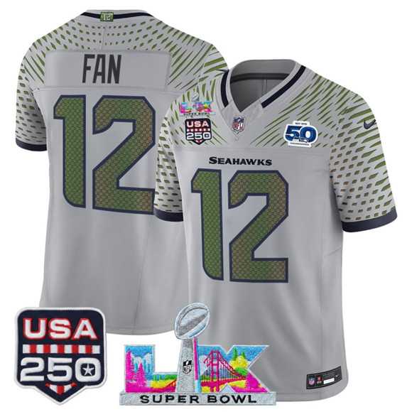 Men's Seattle Seahawks #12 Fan Gray 2025 F.U.S.E. Super Bowl LX & US 250th anniversary Patch And 50th Season Patch 'Rivalries' Vapor Limited Stitched Jersey,We sell and wholesale Men's Seattle Seahawks #12 Fan Gray 2025 F.U.S.E. Super Bowl LX & US 250th anniversary Patch And 50th Season Patch 'Rivalries' Vapor Limited Stitched Jersey on line form chian!