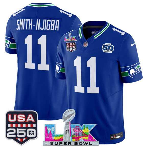 Men's Seattle Seahawks #11 Jaxon Smith-Njigba Royal 2025 F.U.S.E. Super Bowl LX Patch And 50th Season & USA 250' Patch Vapor Throwback Limited Stitched Jersey,We sell and wholesale Men's Seattle Seahawks #11 Jaxon Smith-Njigba Royal 2025 F.U.S.E. Super Bowl LX Patch And 50th Season & USA 250' Patch Vapor Throwback Limited Stitched Jersey on line form chian!