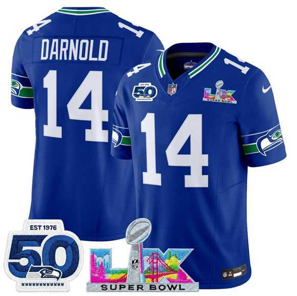 Men's Seattle Seahawks #14 Sam Darnold Royal 2025 F.U.S.E. Super Bowl LX Patch And 50th Season Patch Vapor Throwback Limited Stitched Jersey,We sell and wholesale Men's Seattle Seahawks #14 Sam Darnold Royal 2025 F.U.S.E. Super Bowl LX Patch And 50th Season Patch Vapor Throwback Limited Stitched Jersey on line form chian!