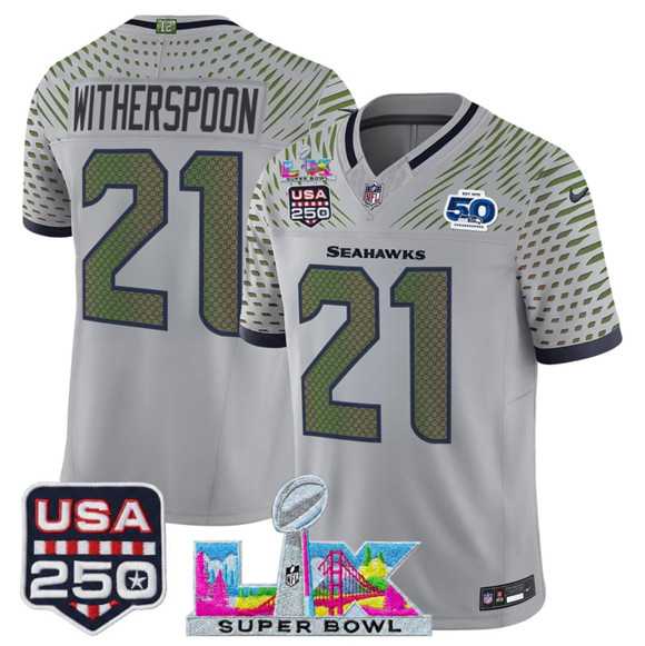 Men's Seattle Seahawks #21 Devon Witherspoon Gray 2025 F.U.S.E. Super Bowl LX & US 250th anniversary Patch And 50th Season Patch 'Rivalries' Vapor Limited Stitched Jersey,We sell and wholesale Men's Seattle Seahawks #21 Devon Witherspoon Gray 2025 F.U.S.E. Super Bowl LX & US 250th anniversary Patch And 50th Season Patch 'Rivalries' Vapor Limited Stitched Jersey on line form chian!