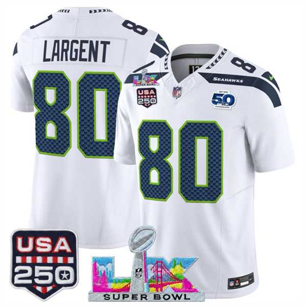 Men's Seattle Seahawks #80 Steve Largent White 2025 F.U.S.E. Super Bowl LX Patch And 50th Season & USA 250' Patch Vapor Limited Stitched Jersey,We sell and wholesale Men's Seattle Seahawks #80 Steve Largent White 2025 F.U.S.E. Super Bowl LX Patch And 50th Season & USA 250' Patch Vapor Limited Stitched Jersey on line form chian!