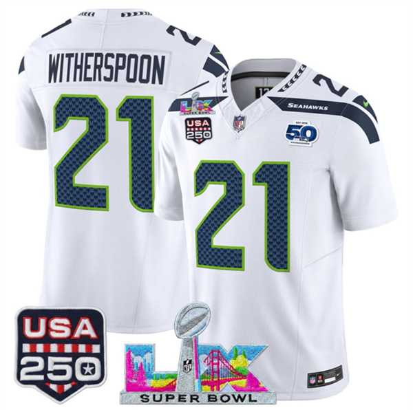 Men's Seattle Seahawks #21 Devon Witherspoon White 2025 F.U.S.E. Super Bowl LX Patch And 50th Season & USA 250' Patch Vapor Limited Stitched Jersey,We sell and wholesale Men's Seattle Seahawks #21 Devon Witherspoon White 2025 F.U.S.E. Super Bowl LX Patch And 50th Season & USA 250' Patch Vapor Limited Stitched Jersey on line form chian!