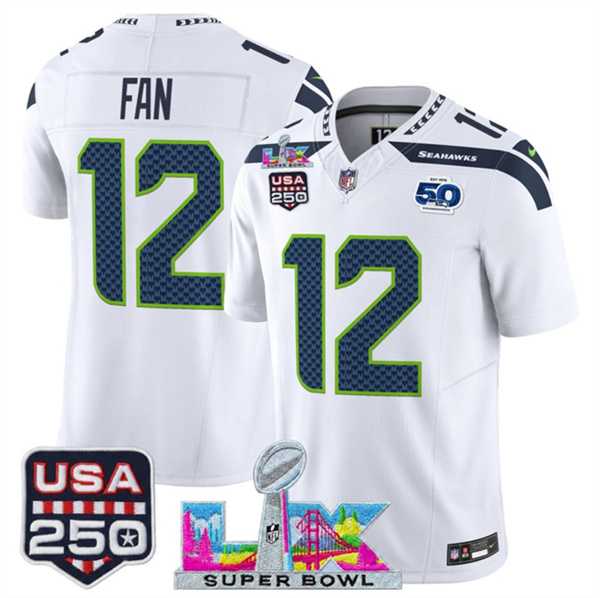 Men's Seattle Seahawks #12 Fan White 2025 F.U.S.E. Super Bowl LX Patch And 50th Season & USA 250' Patch Vapor Limited Stitched Jersey,We sell and wholesale Men's Seattle Seahawks #12 Fan White 2025 F.U.S.E. Super Bowl LX Patch And 50th Season & USA 250' Patch Vapor Limited Stitched Jersey on line form chian!