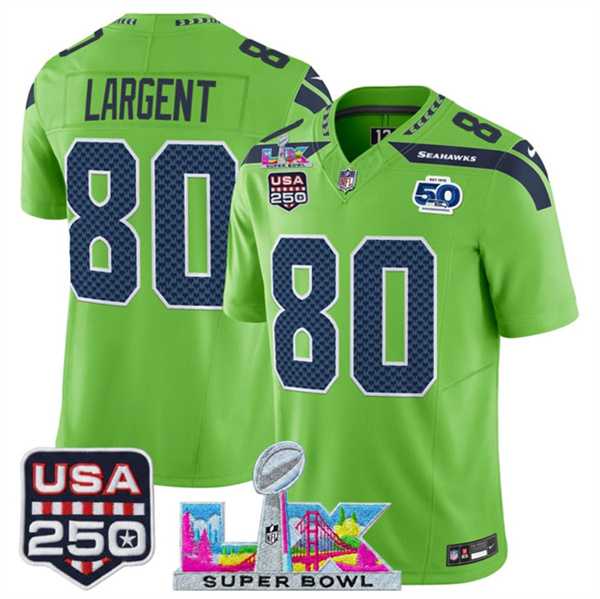 Men's Seattle Seahawks #80 Steve Largent Green 2025 F.U.S.E. Super Bowl LX Patch And 50th Season & USA 250' Patch Vapor Limited Stitched Jersey,We sell and wholesale Men's Seattle Seahawks #80 Steve Largent Green 2025 F.U.S.E. Super Bowl LX Patch And 50th Season & USA 250' Patch Vapor Limited Stitched Jersey on line form chian!