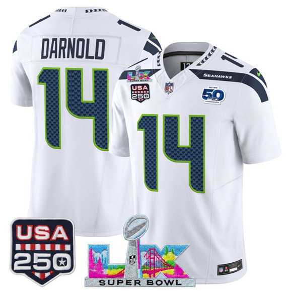 Men's Seattle Seahawks #14 Sam Darnold White 2025 F.U.S.E. Super Bowl LX Patch And 50th Season & USA 250' Patch Vapor Limited Stitched Jersey,We sell and wholesale Men's Seattle Seahawks #14 Sam Darnold White 2025 F.U.S.E. Super Bowl LX Patch And 50th Season & USA 250' Patch Vapor Limited Stitched Jersey on line form chian!