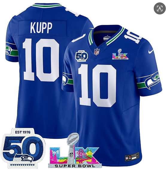 Men's Seattle Seahawks#10 Cooper Kupp Royal 2025 F.U.S.E. Super Bowl LX Patch And 50th Season Patch Vapor Throwback Limited Stitched Jersey,We sell and wholesale Men's Seattle Seahawks#10 Cooper Kupp Royal 2025 F.U.S.E. Super Bowl LX Patch And 50th Season Patch Vapor Throwback Limited Stitched Jersey on line form chian!