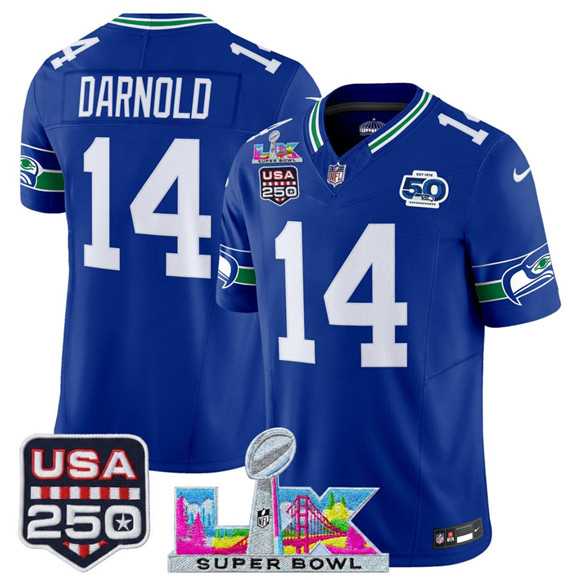 Men's Seattle Seahawks #14 Sam Darnold Royal 2025 F.U.S.E. Super Bowl LX Patch And 50th Season & USA 250' Patch Vapor Throwback Limited Stitched Jersey,We sell and wholesale Men's Seattle Seahawks #14 Sam Darnold Royal 2025 F.U.S.E. Super Bowl LX Patch And 50th Season & USA 250' Patch Vapor Throwback Limited Stitched Jersey on line form chian!