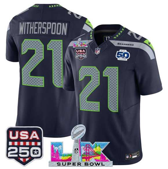Men's Seattle Seahawks #21 Devon Witherspoon Navy 2025 F.U.S.E. Super Bowl LX Patch And 50th Season & USA 250' Patch Vapor Limited Stitched Jersey,We sell and wholesale Men's Seattle Seahawks #21 Devon Witherspoon Navy 2025 F.U.S.E. Super Bowl LX Patch And 50th Season & USA 250' Patch Vapor Limited Stitched Jersey on line form chian!