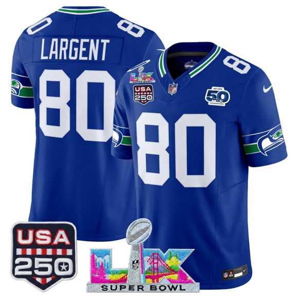Men's Seattle Seahawks #80 Steve Largent Royal 2025 F.U.S.E. Super Bowl LX Patch And 50th Season & USA 250' Patch Vapor Throwback Limited Stitched Jersey,We sell and wholesale Men's Seattle Seahawks #80 Steve Largent Royal 2025 F.U.S.E. Super Bowl LX Patch And 50th Season & USA 250' Patch Vapor Throwback Limited Stitched Jersey on line form chian!