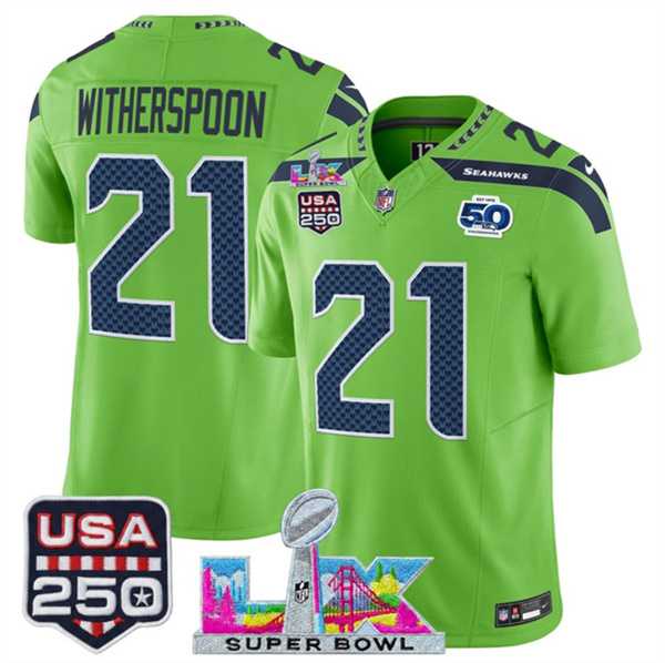 Men's Seattle Seahawks #21 Devon Witherspoon Green 2025 F.U.S.E. Super Bowl LX Patch And 50th Season & USA 250' Patch Vapor Limited Stitched Jersey,We sell and wholesale Men's Seattle Seahawks #21 Devon Witherspoon Green 2025 F.U.S.E. Super Bowl LX Patch And 50th Season & USA 250' Patch Vapor Limited Stitched Jersey on line form chian!