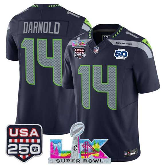 Men's Seattle Seahawks #14 Sam Darnold Navy 2025 F.U.S.E. Super Bowl LX Patch And 50th Season & USA 250' Patch Vapor Throwback Limited Stitched Jersey,We sell and wholesale Men's Seattle Seahawks #14 Sam Darnold Navy 2025 F.U.S.E. Super Bowl LX Patch And 50th Season & USA 250' Patch Vapor Throwback Limited Stitched Jersey on line form chian!