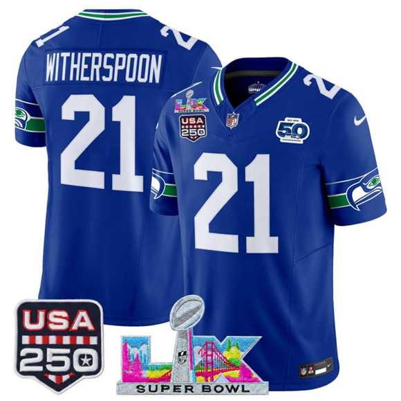 Men's Seattle Seahawks #21 Devon Witherspoon Royal 2025 F.U.S.E. Super Bowl LX Patch And 50th Season & USA 250' Patch Vapor Throwback Limited Stitched Jersey,We sell and wholesale Men's Seattle Seahawks #21 Devon Witherspoon Royal 2025 F.U.S.E. Super Bowl LX Patch And 50th Season & USA 250' Patch Vapor Throwback Limited Stitched Jersey on line form chian!
