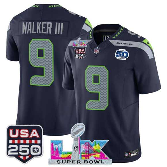 Men's Seattle Seahawks #9 Kenneth Walker III Navy 2025 F.U.S.E. Super Bowl LX Patch And 50th Season & USA 250' Patch Vapor Limited Stitched Jersey,We sell and wholesale Men's Seattle Seahawks #9 Kenneth Walker III Navy 2025 F.U.S.E. Super Bowl LX Patch And 50th Season & USA 250' Patch Vapor Limited Stitched Jersey on line form chian!
