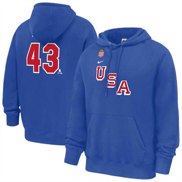 Men's US Hockey #43 Quinn Hughes Royal 2026 Name & Number Hoodie,We sell and wholesale Men's US Hockey #43 Quinn Hughes Royal 2026 Name & Number Hoodie on line form chian!