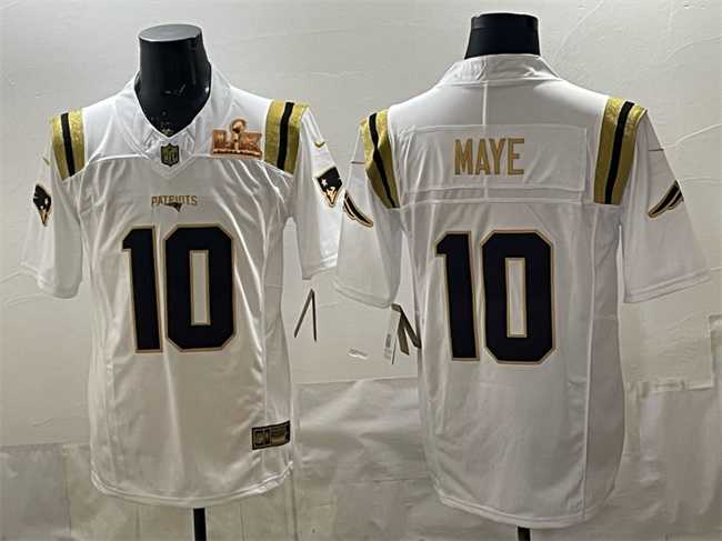 Men's New England Patriots #10 Drake Maye White Gold 2025 F.U.S.E. Super Bowl LX Patch Vapor Limited Stitched Jersey,We sell and wholesale Men's New England Patriots #10 Drake Maye White Gold 2025 F.U.S.E. Super Bowl LX Patch Vapor Limited Stitched Jersey on line form chian!