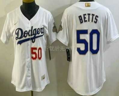 Women's Los Angeles Dodgers #50 Mookie Betts White 2026 Gold Collection Stadium Jersey,We sell and wholesale Women's Los Angeles Dodgers #50 Mookie Betts White 2026 Gold Collection Stadium Jersey on line form chian!