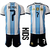 Youth Argentina #7 DE PAUL National Team FIFA x World Cup 2026 Home White On Field Kids Jersey,baseball caps,new era cap wholesale,wholesale hats
