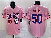 Men's Los Angeles Dodgers #50 Mookie Betts Pink Hello Kitty Night 2025 World Series Champions Patch Stitched Jersey Dzhi,baseball caps,new era cap wholesale,wholesale hats