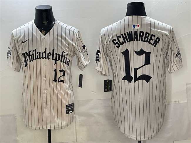 Men's Philadelphia Phillies #12 Kyle Schwarber Cream Pinstripe Gothic Vapor Limited Stitched Jersey,We sell and wholesale Men's Philadelphia Phillies #12 Kyle Schwarber Cream Pinstripe Gothic Vapor Limited Stitched Jersey on line form chian!