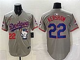 Men's Los Angeles Dodgers #22 Clayton Kershaw Grey Hello Kitty Night 2025 World Series Champions Patch Stitched Jersey,baseball caps,new era cap wholesale,wholesale hats