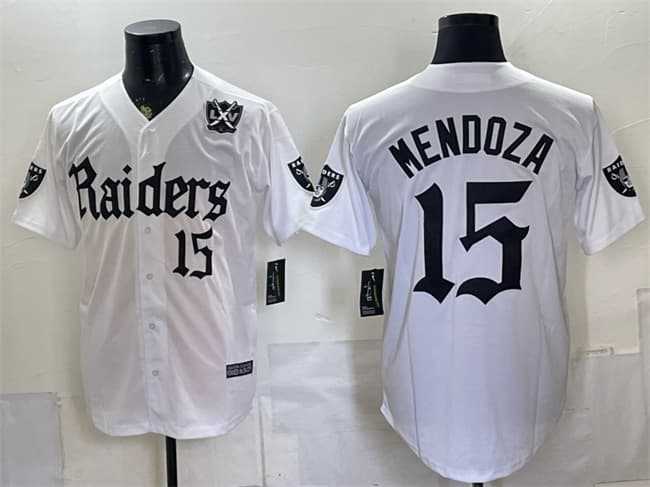 Men's Las Vegas Raiders #15 Fernando Mendoza White 'Gothic Sin City Shadows Edition' With 65th Anniversary Patch Vapor Limited Stitched Baseball Jersey,We sell and wholesale Men's Las Vegas Raiders #15 Fernando Mendoza White 'Gothic Sin City Shadows Edition' With 65th Anniversary Patch Vapor Limited Stitched Baseball Jersey on line form chian!