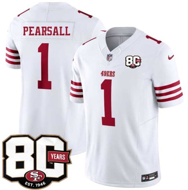 Men's San Francisco 49ers #1 Ricky Pearsall White 80th Anniversary Patch 2026 F.U.S.E. Vapor Untouchable Limited Stitched Jersey Dzhi,We sell and wholesale Men's San Francisco 49ers #1 Ricky Pearsall White 80th Anniversary Patch 2026 F.U.S.E. Vapor Untouchable Limited Stitched Jersey Dzhi on line form chian!