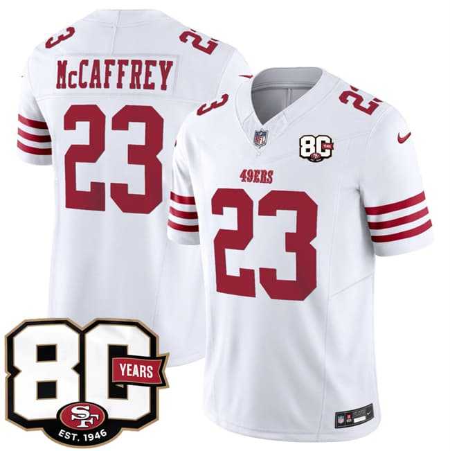 Men's San Francisco 49ers #23 Christian McCaffrey White 80th Anniversary Patch 2026 F.U.S.E. Vapor Untouchable Limited Stitched Jersey Dzhi,We sell and wholesale Men's San Francisco 49ers #23 Christian McCaffrey White 80th Anniversary Patch 2026 F.U.S.E. Vapor Untouchable Limited Stitched Jersey Dzhi on line form chian!
