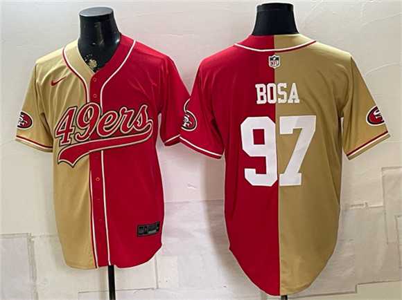Men's San Francisco 49ers #97 Nick Bosa Gold Red Split Stitched Jersey,We sell and wholesale Men's San Francisco 49ers #97 Nick Bosa Gold Red Split Stitched Jersey on line form chian!